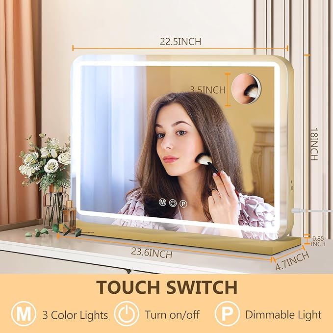 23"x18" Gold Vanity Mirror with Lights, Led Makeup Mirror, Lighted Makeup Mirror with 3 Color Dimmable Lights, Smart Touch Screen Control, Aluminum Metal Frame,USB Charging Port