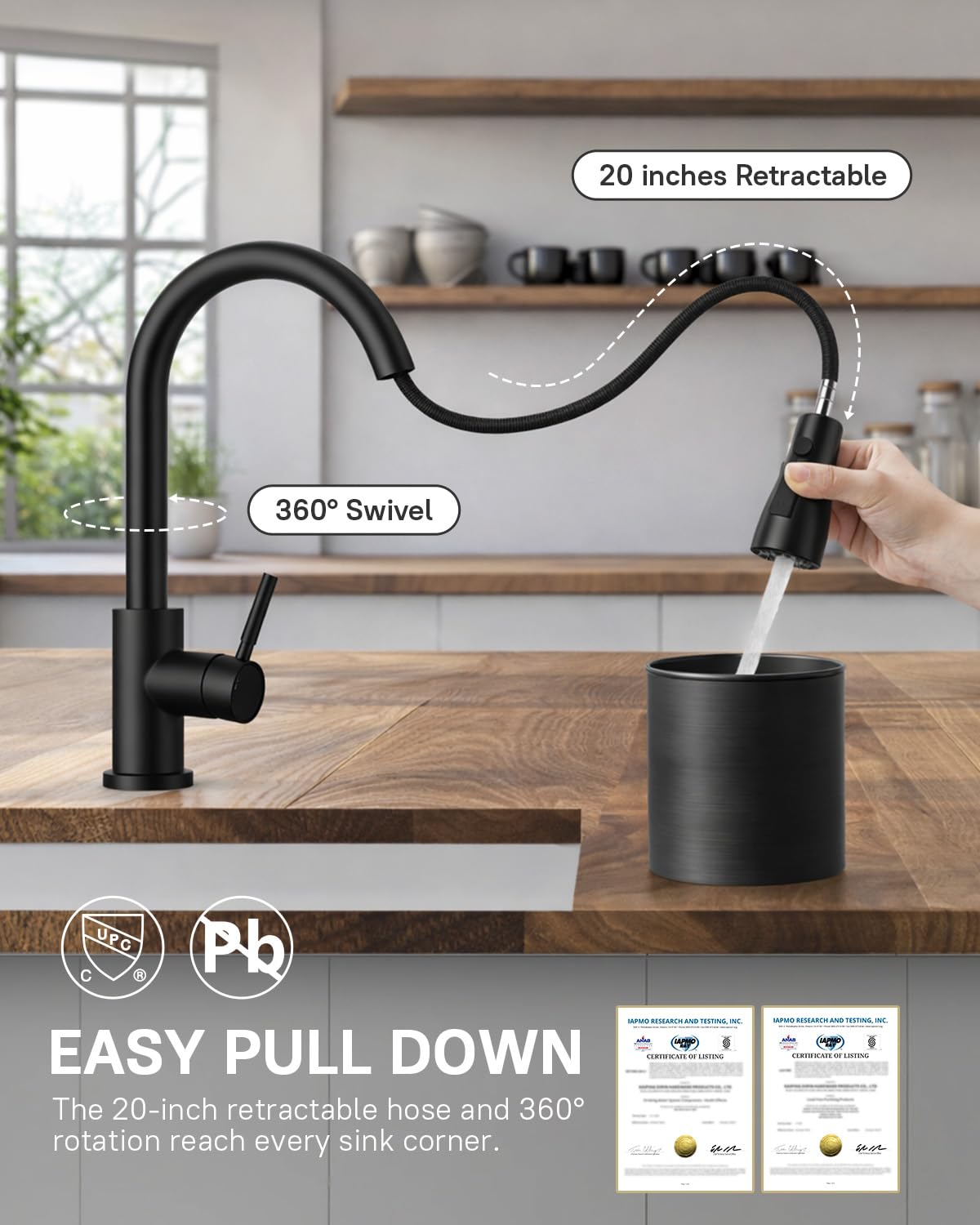 WEWE Kitchen Faucets with Pull Down Sprayer, Stainless Steel Single Handle 1 Hole for Family Kitchen Commercial Camper Laundry Rv Bar, Matte Black
