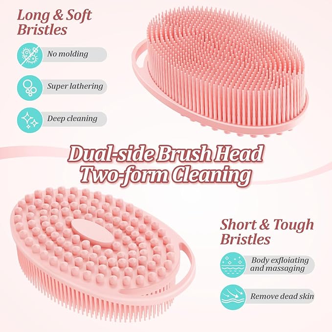 Silicone Back & Body & Face Scrubber Set 3PCS, Gentle Exfoliating Back & Body Scrubber with Dual-Side Brush Head, Hygienic Silicone Loofahs with Soft Bristle and Non-Slip Handle(Pink-3PC)