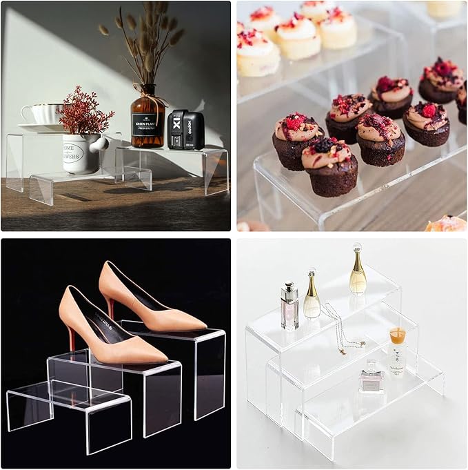 ANDGOO Large Acrylic Display Risers, 2 Sets(11.2Ã¢ÂÂL~11.6Ã¢ÂÂL~12Ã¢ÂÂL) Clear Rectangular Showcase Collectibles Display Shelf, Retail Desktop Risers Display Stand for Organize and Decoration