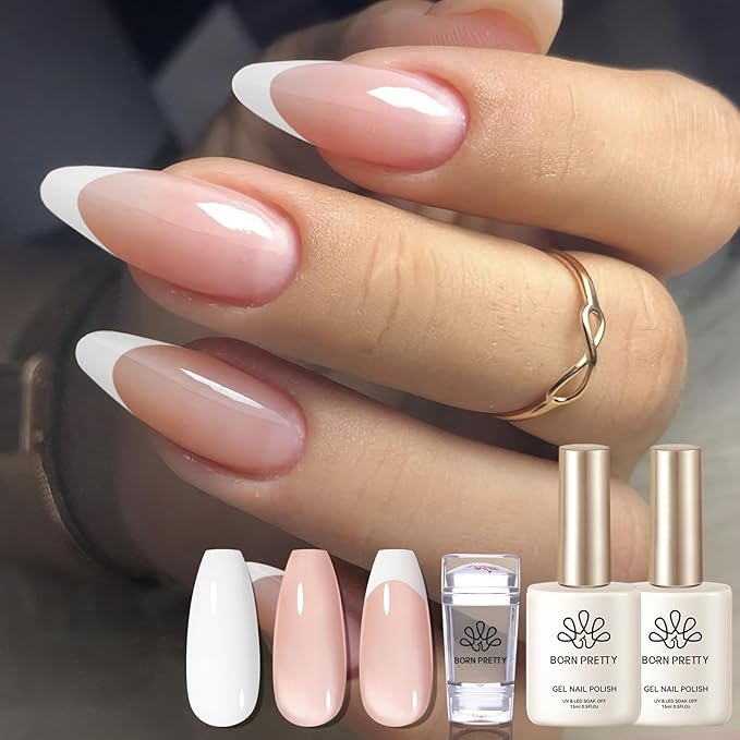 BORN PRETTY French Manicure Kit,Nail Stamper and 2Pcs Gel Nail Polish,Include Jelly Nude Light Pink White Colors for French Tip,U V Light Cure