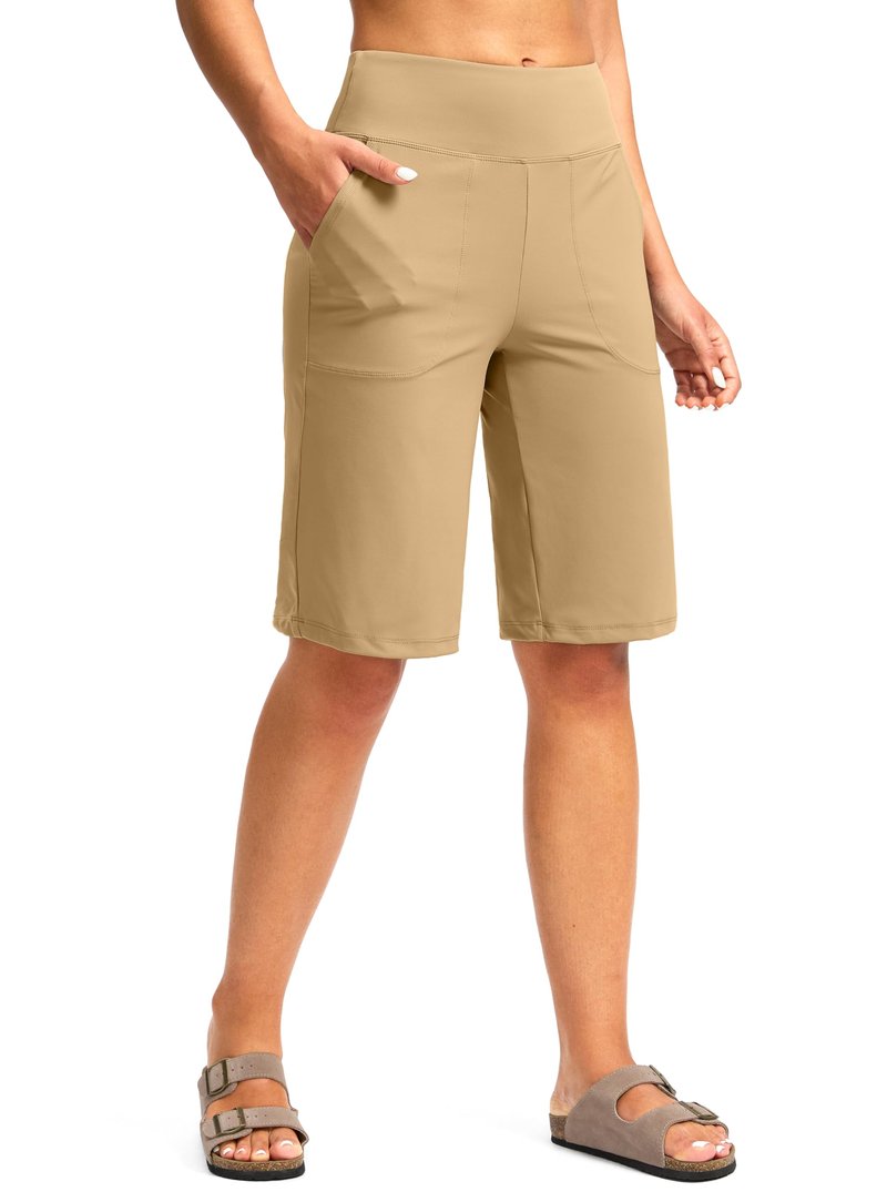 Women's Bermuda Shorts 12" Knee Length with Pockets High Waisted Stretch Long Shorts for Women Casual Walking (Khaki, L)