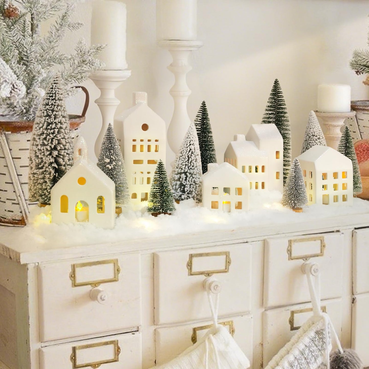 Zesua Christmas Decorations Indoor - Christmas Village Sets of 5 Ceramic Houses with LED Lights Remote and 9 Trees - Winter Rustic Farmhouse Home Holiday Xmas Decor for Mantel Tabletop Room