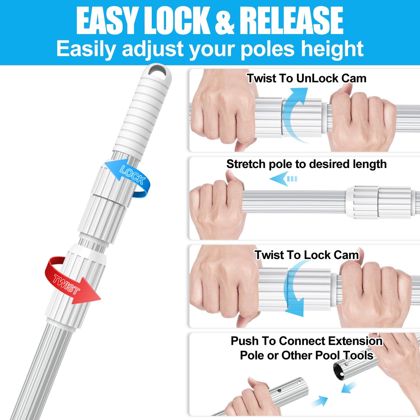 YEECHUN Professional 15 Foot Swimming Pool Pole Telescopic Aluminum Fits Pool Net Skimmer Rake Vacuum Head Brush Cleaning Equipment Heavy Duty,for Skimmer Nets, Vacuum Heads and Brushes