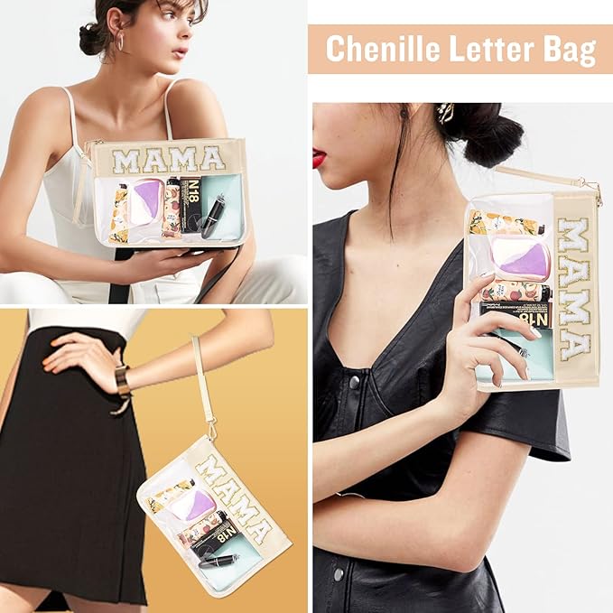 izuzta Chenille Letter Clear Bag Mama Purse Pouch, Monogram PVC & PU Clear Zipper Pouch with Wristlet, Waterproof Portable Glitter Snacks Makeup Beach Pouch Toiletry Bag for Women Girls (MAMA-Beige)
