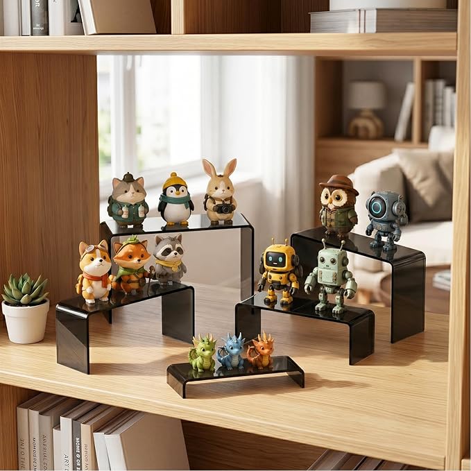 FUNFERY Acrylic Display Risers, 2 Set(7.8" L~8.2" L~8.6" L~9Ã¢ÂÂL~9.3Ã¢ÂÂL) Display Shelf for Figure, Collectibles, Cupcake, 5-Tier Clear Acrylic Stands for Dessert, Jewelry, Candy Showcase