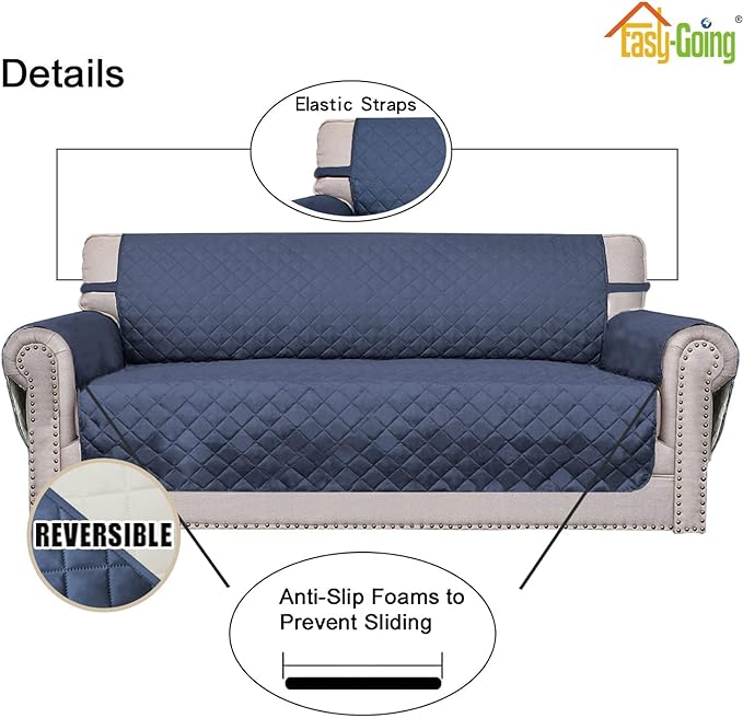 Easy-Going Reversible Oversized Couch Cover for 3 Cushion Couch Sofa Cover for Dogs Water Resistant Furniture Protector Cover with Foam Sticks for Pet (Oversized Sofa, Dark Blue/Ivory)