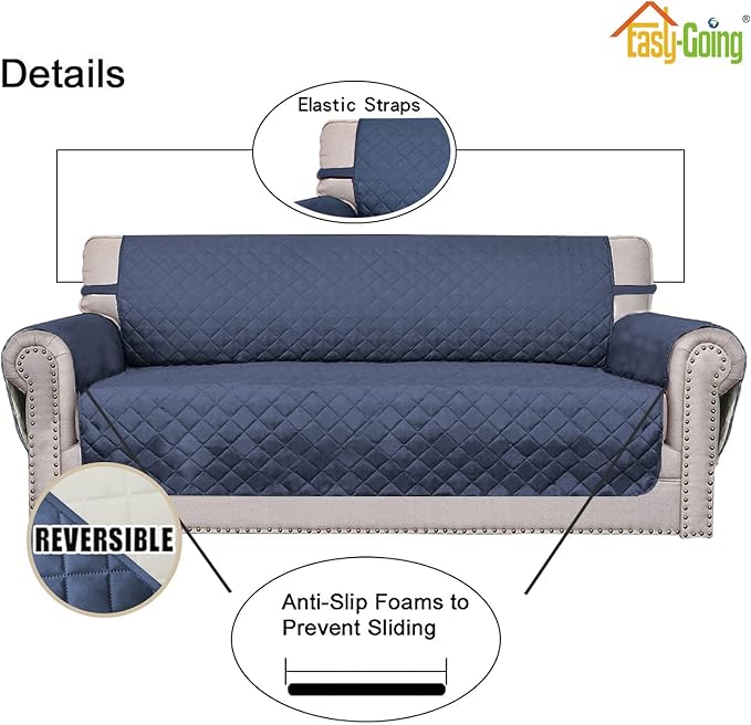 Easy-Going Sofa Slipcover Reversible Loveseat Sofa Cover Couch Cover for 2 Cushion Couch Furniture Protector with Elastic Straps for Pets Kids Dog Cat (Oversized Loveseat, Dark Blue/Ivory)