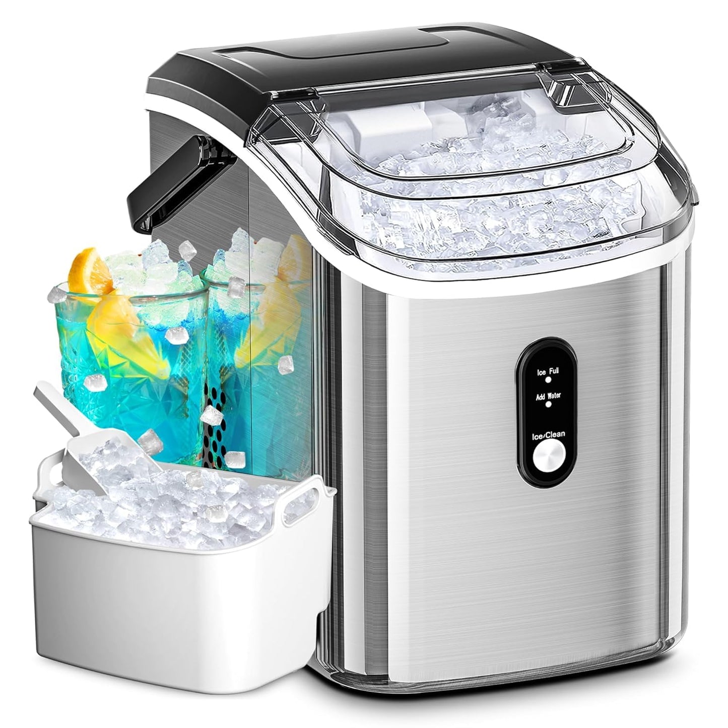 Antarctic Star Nugget Ice Maker Countertop with Handle, Stainless Steel, 35Lbs/24Hrs,7 Mins Ice Making, Pellet Ice Maker with Ice Basket/Ice Scoop for Home/Bar/Party/Office