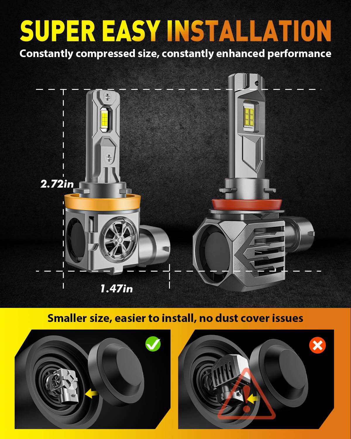 Termitor H11/H9/H8 Bulbs, 50,000LM 10X Ultra-Brightness, Real 1:1 Halogen Mini Size, 6500K Cool White H11 Fog Light Conversion Kits, 10-Year Extended Lifespan, Plug and Play, Pack of 2