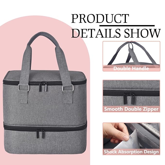 Nail Polish Organizer Case - Holds 42+ Bottles (15ml/0.5 fl.oz) and 1 Nail Lamp, Upgraded Double-layer Nail Polish Carrying Case Nail Polish Storage Bag with Handles (Grey)