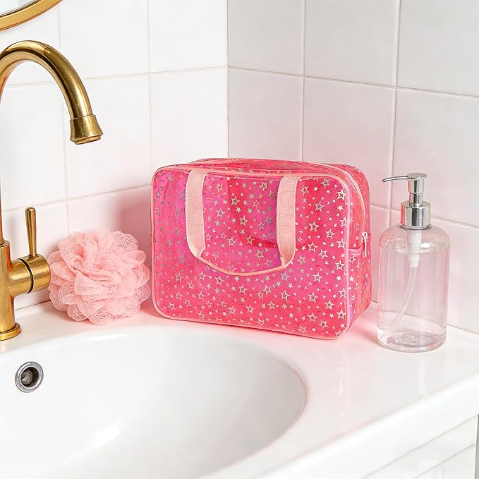 Clear Star Large Cosmetic Bag and Travel Pouch with Handle,Durable Material,Zipper Design-Ideal for Makeup,Travel Essentials (Pink+Shiny Star)
