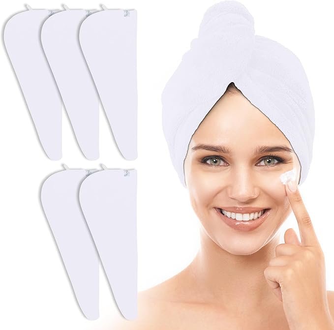 TENSTARS 5 Pack Thicken Microfiber Hair Towel Wrap for Women - Elastic Loop Design - 320GSM Coral Velvet - Quick Dry Hair Turban - 11x28 Inch (White)