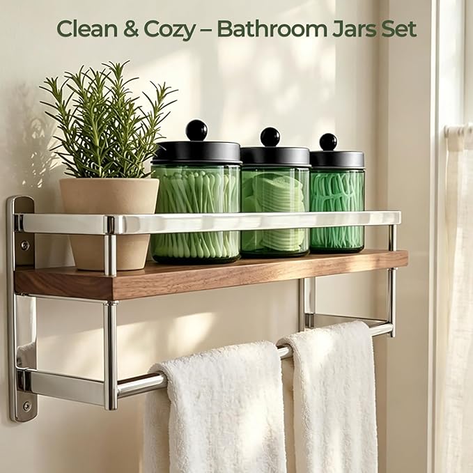 Amolliar 4 Pack Apothecary Jars Bathroom Vanity Storage Organizer Set -Countertop Canister with Stainless Steel Lids &Stickers Qtip Dispenser Holder for Cotton Swab (Green-black Lid)
