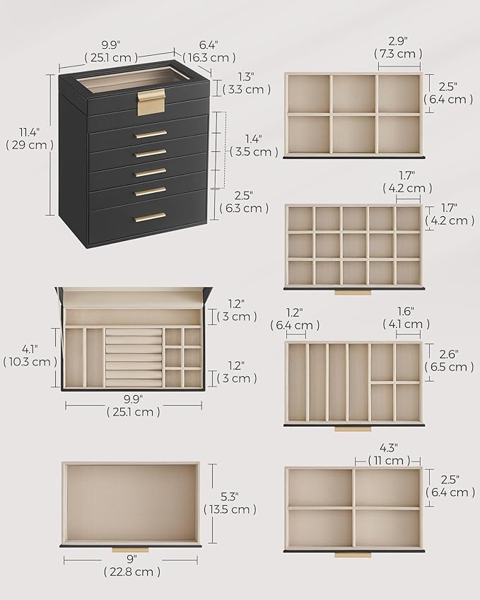 SONGMICS GISELLA Collection - Jewelry Box Organizer, 6-Layer Jewelry Storage with 5 Drawers, Shiny Metal Hardware, Glass Lid, Modern, 6.4 x 9.9 x 11.4 Inches, Ink Black and Gold Color UJBC171B01