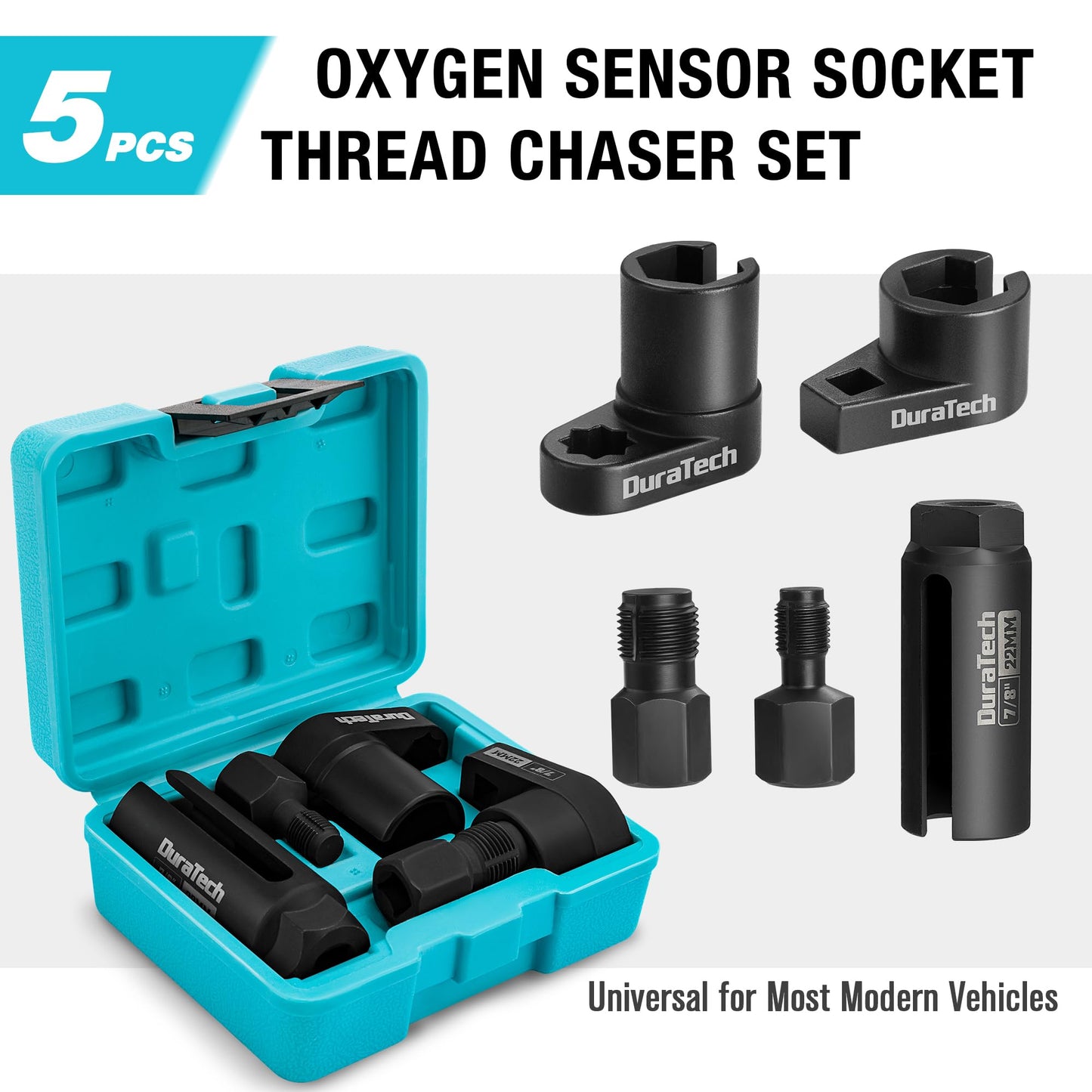 DURATECH 5PCS O2 Oxygen Sensor Socket Thread Chaser Set, 3/8" 1/2" Drive x 7/8" 22mm Oxygen Sensor Remover O2 Sensor Removal Tool Kit
