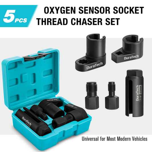 DURATECH 5PCS O2 Oxygen Sensor Socket Thread Chaser Set, 3/8" 1/2" Drive x 7/8" 22mm Oxygen Sensor Remover O2 Sensor Removal Tool Kit