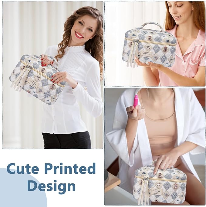 Large Makeup Bag, Cute Cosmetic Bag for Women Girls, Floral Coquette Aesthetic Toiletry Bag, Travel Make Up Organizer Bag (Check Bear)