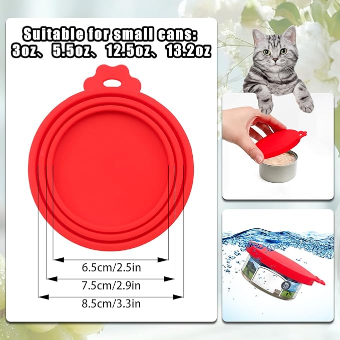 PINE & LINEN 4 Pcs Durable Pet Can Lids,One fit 3 Standard Size Silicone Waterproof Cat Food Cans Lids for 3oz/5.5oz/12.5oz/13.2oz Cat Food Cans（Red）