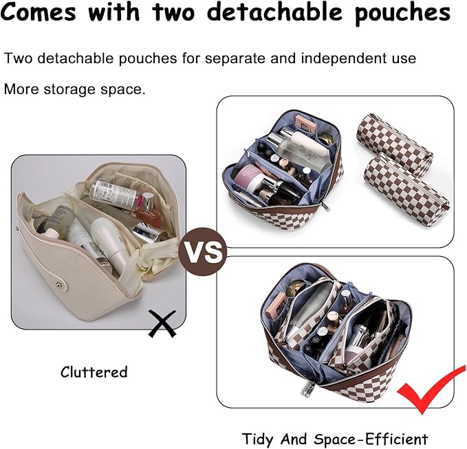 BOYATU Travel Makeup Bag Organizer Cosmetic Bag: 3 Pcs Set Make up Bags for Women with Handle - Waterproof Vegan Leather Toiletry Bag (01-G-Coffee)