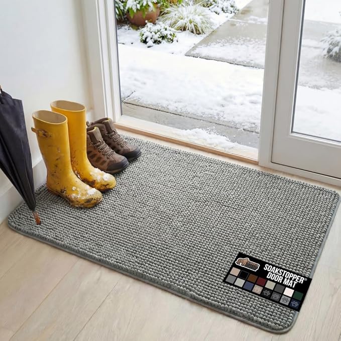 GORILLA GRIP SoakSTOPPER Dog Door Mat, 48x30 Machine Washable Rug Absorbent Doormat Captures Moisture Mud Dirt, Quick Dry Soft Chenille Entryway Rugs Indoor Entrance Mats for Dog Paws, Grey