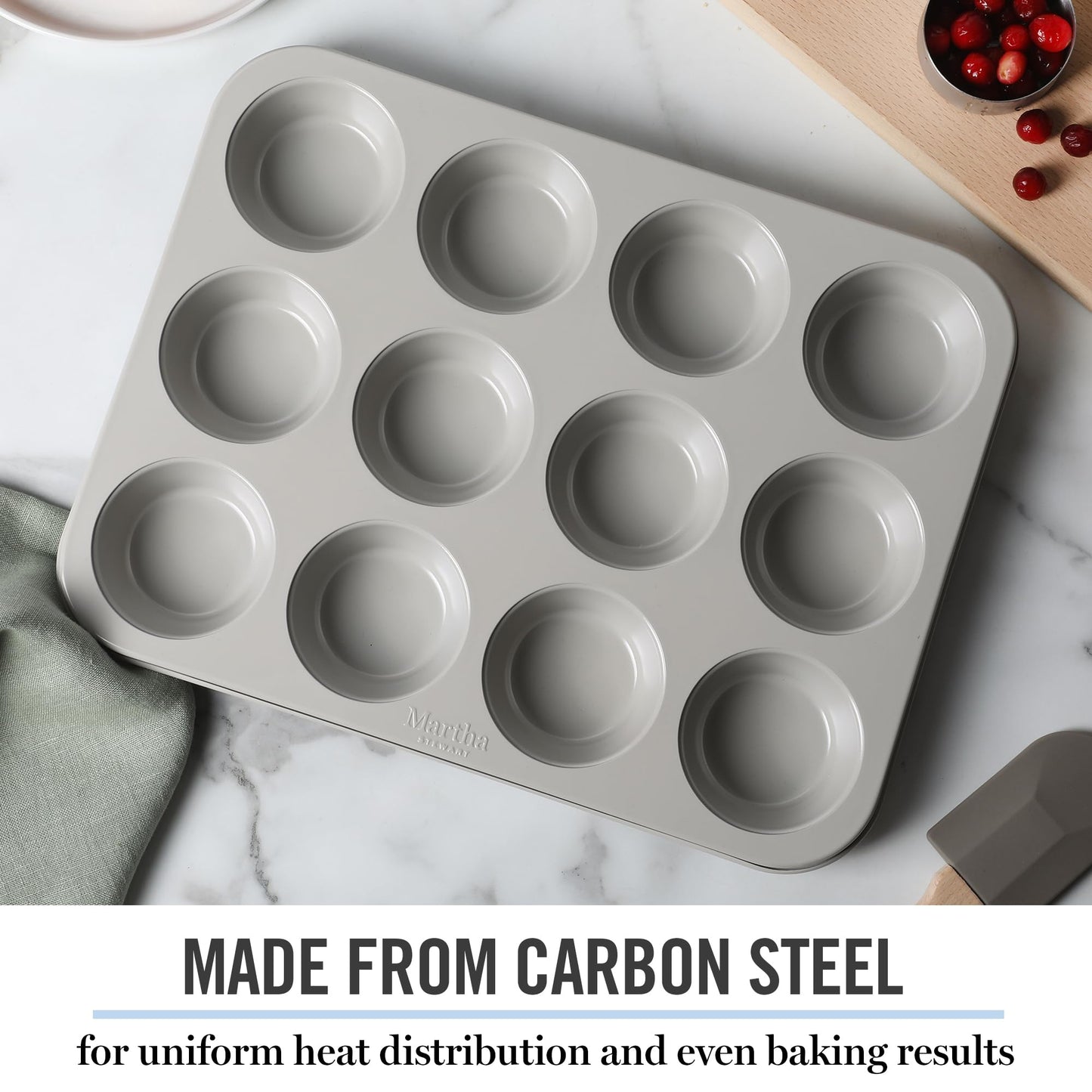 Martha Stewart Gallen 12 Cup Nonstick Carbon Steel Muffin/Cupcake Pan - Cool Grey