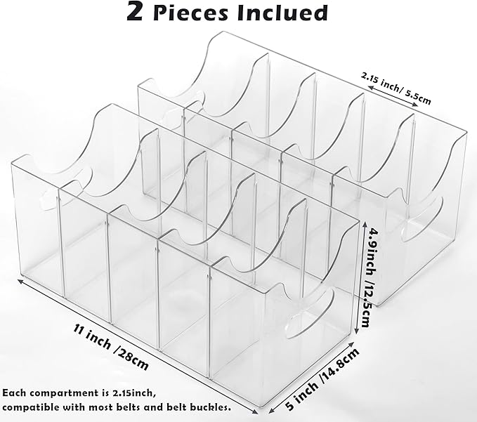 Belt Organizer - 2 Pack Clear Stackable Belt holder For Closet Drawer Storage - 5 Compartments with Removable Dividers, Multi-Purpose Display Bins With Inserts For Ties,Socks,underwear (2)