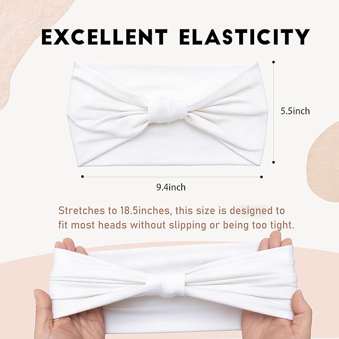 2 Pack White Wide Headbands for Women - Thick Stretchy Non Slip Fabric Sweat Bands, Soft Hair Bands for Workout, Running, Spa, Makeup & Washing Face