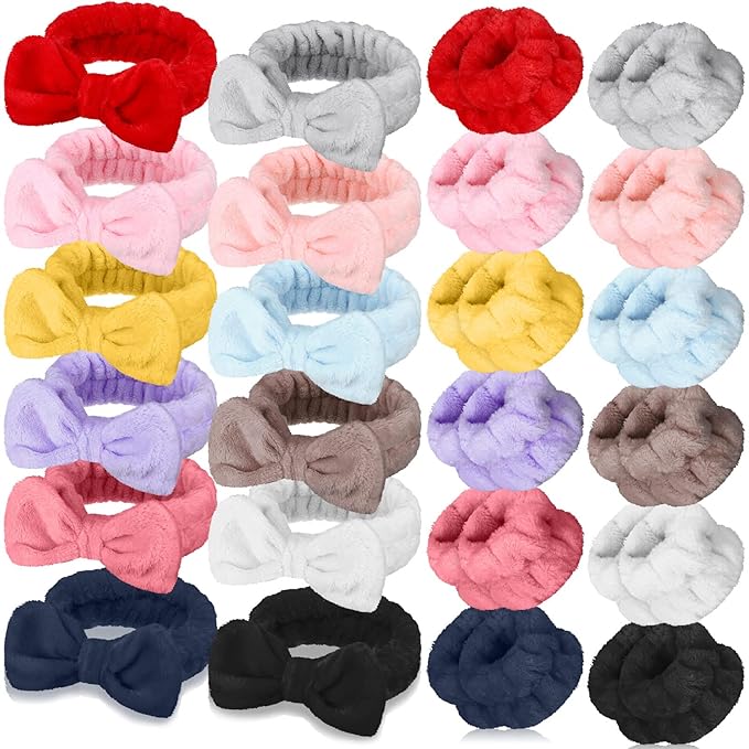 Janmini 36 Pcs Spa Headband and Wristbands Set for Washing Face Facial Spa Hair Wraps Makeup Skincare Bath Winter Gifts 12 Pcs Flannel Hairbands 24 Wristbands for Women Girls(Solid)