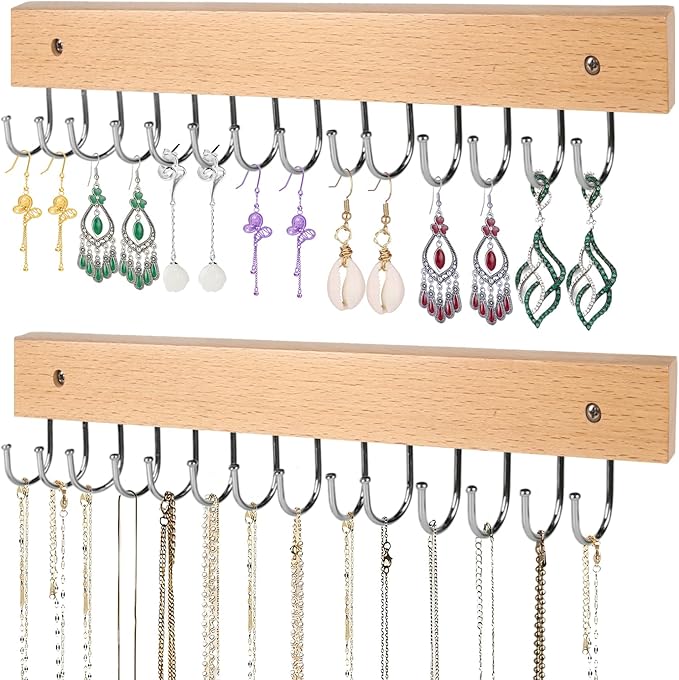 Necklace Holder Wall Mounted Jewelry Organizer - 2 Pack Wooden with 28 Rotating 180° Hooks for Hanging Earring & Ring Bracelet Storage, Decorative Space-Saving Jewelry Display (Natural)
