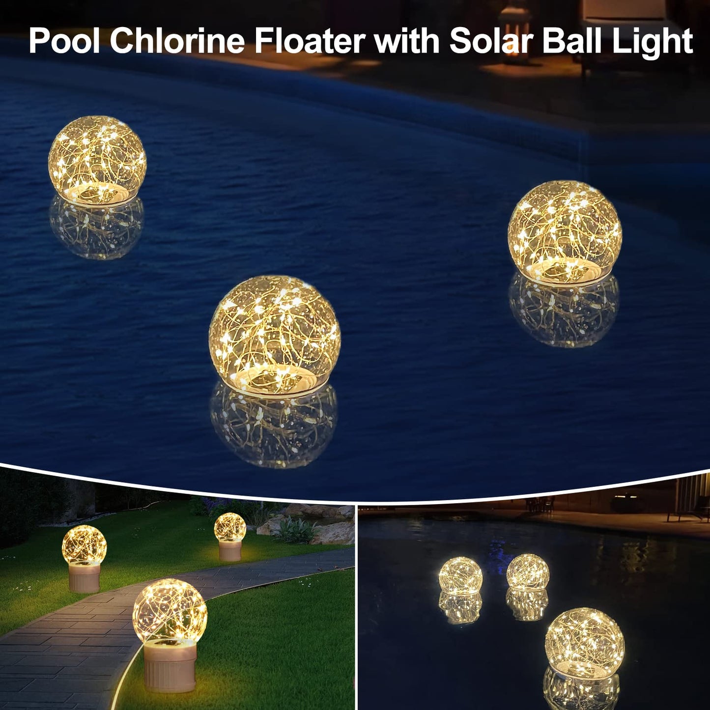 FineBud Pool Chlorine Floater with Solar Ball Lights, Floating Pool Chlorines Dispenser for 4x3” Chlorine Tablets, Easy Opening chlorines Tablet Holder Floater, Anti-Sinking Spa Chemical Dispenser