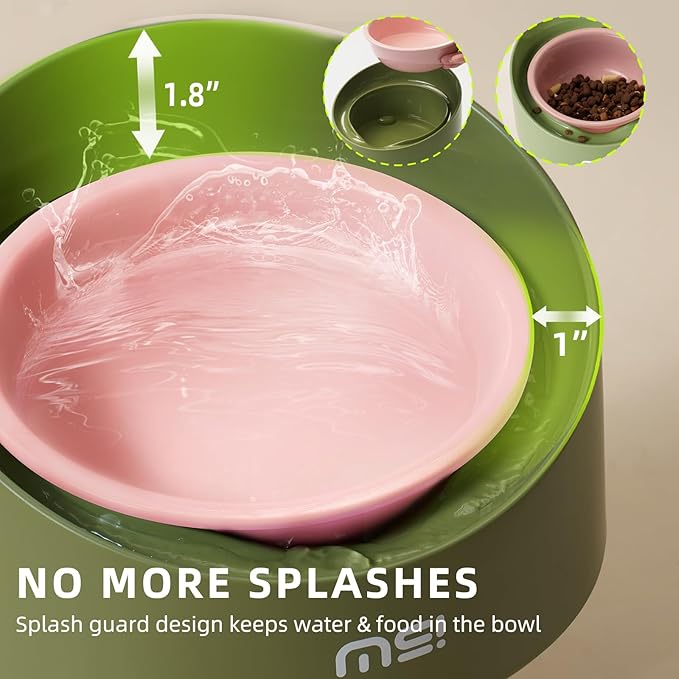 MS!MAKE SURE Cat Bowls, Adjustable Elevated Ceramic Cat Bowls with Anti-Slip Rubber Pad, Splash Guard, Lead & Cadmium Free, Whisker Friendly, for Puppies & Cats - 5.1" Wide, 295ML (10 oz), Pink-Green