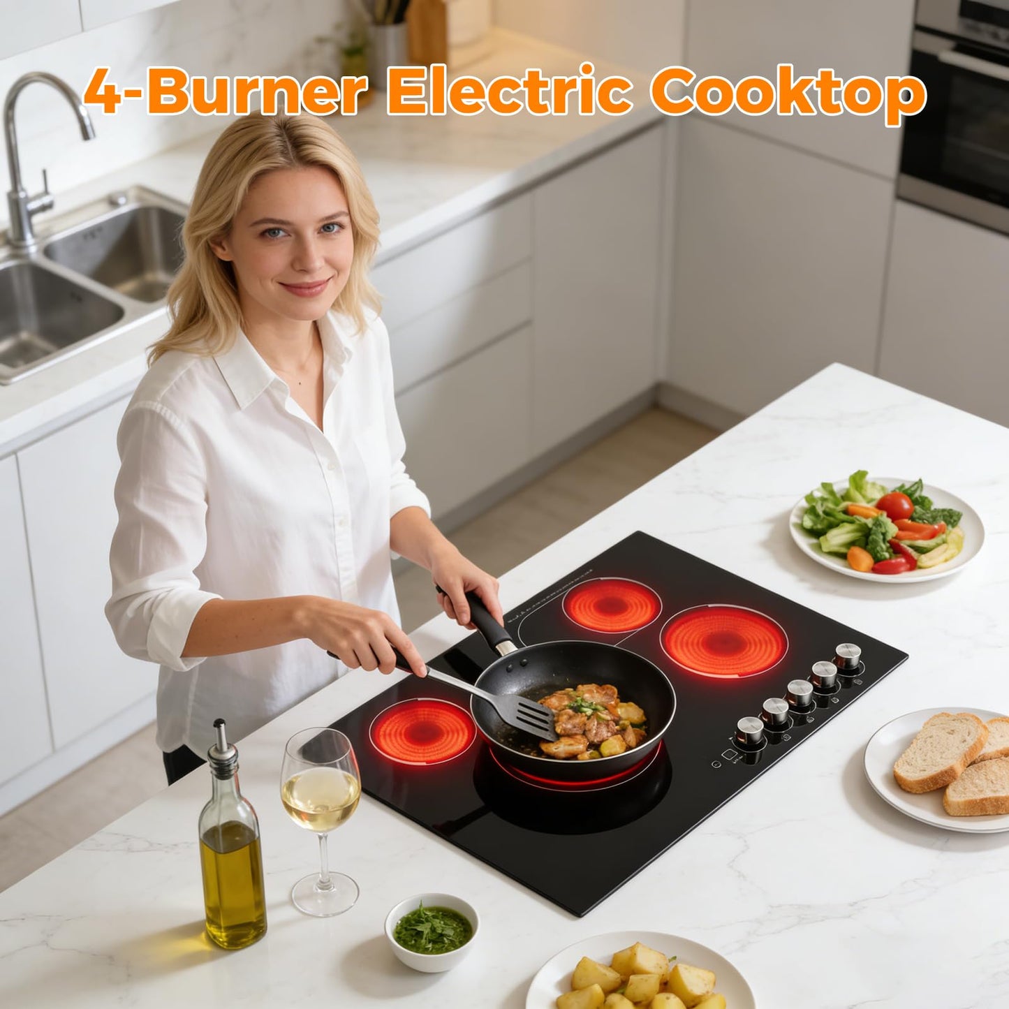 4-Burner Electric Cooktop, 30" x 20" Electric Ceramic Cooktop with Knob Control, 110V 1200W Built-in Stove Top with 0-90mins Timer, for Home, Commercial Kitchen, for Hotel, Restaurant