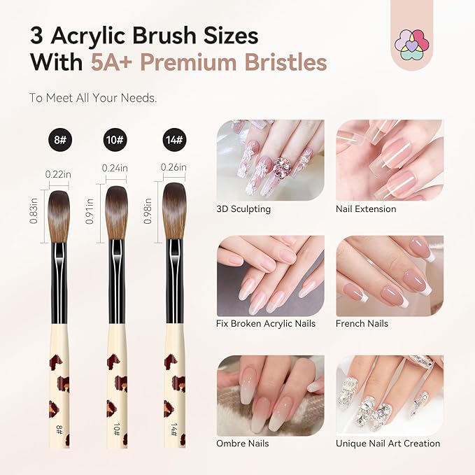 SAVILAND 3Pcs Acrylic Nail Brushes for Beginners: Leopard Print Sizes 8/10/14 Acrylic Brush Set, Professional Nail Art Tools for Acrylics Powder, Nail Extensions, 3D Carving & Salon DIY Kit