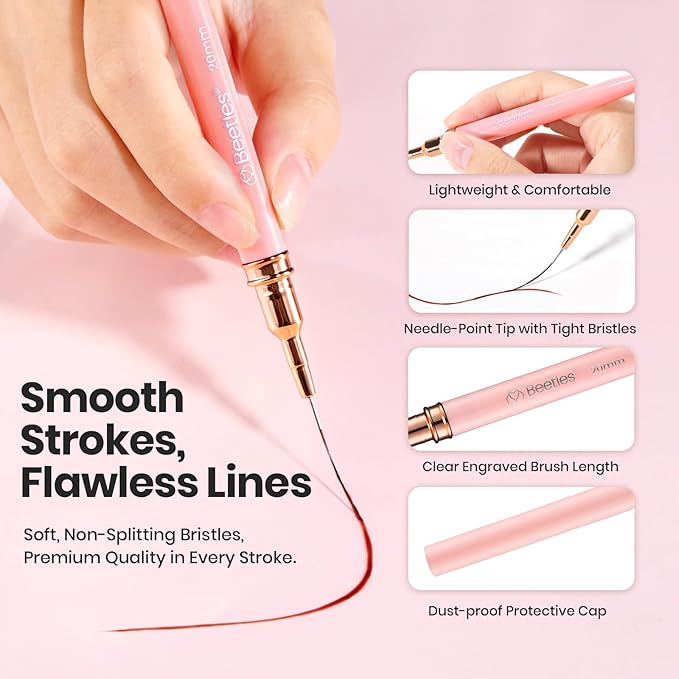 Beetles Gel Polish Nail Art Pens, 5pcs Nail Art Brushes Liner Brushes for Nails Pink Liner Sizes 5/9/15/20/25mm with Palette Holder Painting Manicure Design Tools for Long Lines, Details, Fine Drawing