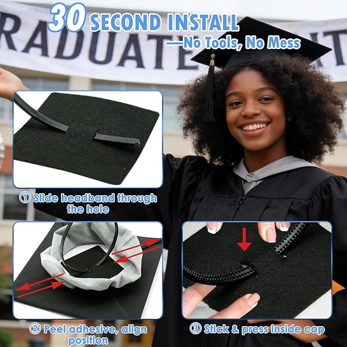 PUNCHMAN 2 Pack Graduation Cap Headband - Lightweight All-Day Comfort Grad Cap Headband Insert - Secure Grad Hat Holder for Curly/Thick Hair - Anti-Slip Removable Graduation Hair Accessories,Black