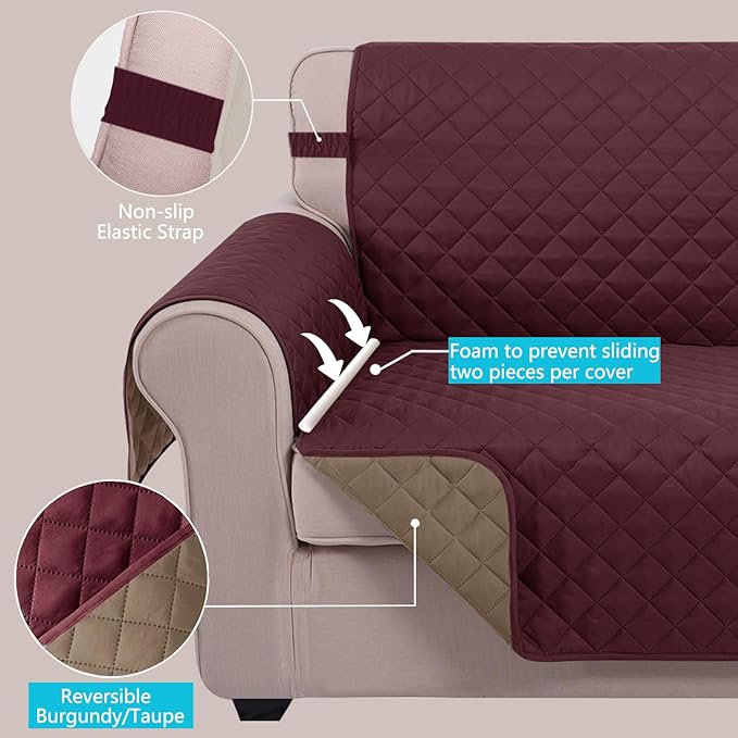 U-NICE HOME Reversible Sofa Cover Couch Cover for Dogs with Elastic Straps Water Resistant Furniture Protector for Pets Couch Cover for 3 Cushion Couch (Sofa, Burgundy/Tan)