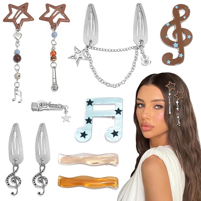 10PCS Y2K Hair Clips Dangle Coachella Music Hair Clip Boho Note Guitar Hair Accessories Snap Star Clips for Women Girls