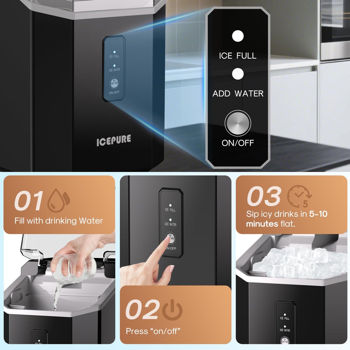 ICEPURE Nugget Ice Makers Countertop with App, Portable Ice Machine with WiFi, 33lbs in 24H, Ready in 5-10 Mins, Self Cleaning，Small Ice Maker with Basket Scoop, for Home/Kitchen/Party/RV/Camping