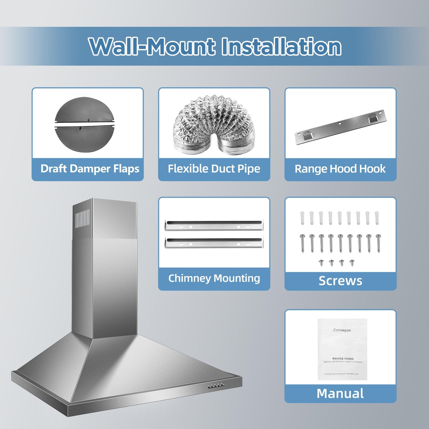 Zomagas Range Hood 30 inch, Wall Mount Vent Hood in Stainless Steel, Ducted/Ductless Convertible Duct, Kitchen Hood w/Baffle Filters, 3 Speed Fan, Energy Saving LED Light, Push Button Control