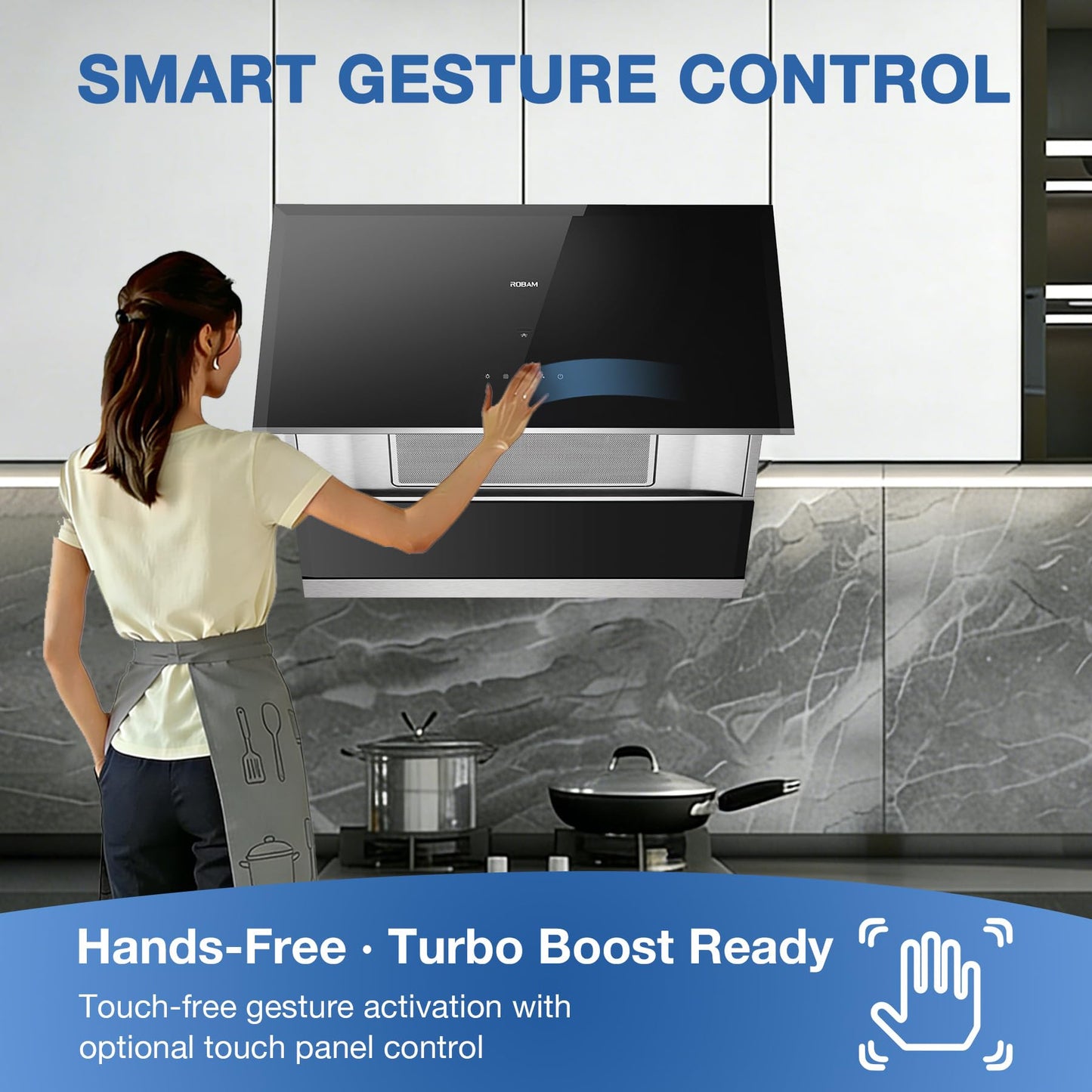 ROBAM 30 Inch Range Hood, 1080 CFM Vent Exhaust Fan, Quiet Brushless Motor, Gesture & Touch Control, Wash-Free Filter, LED Lights, Ducted Wall Mount/Under Cabinet, Easy-Clean Kitchen Vent Hood A6721