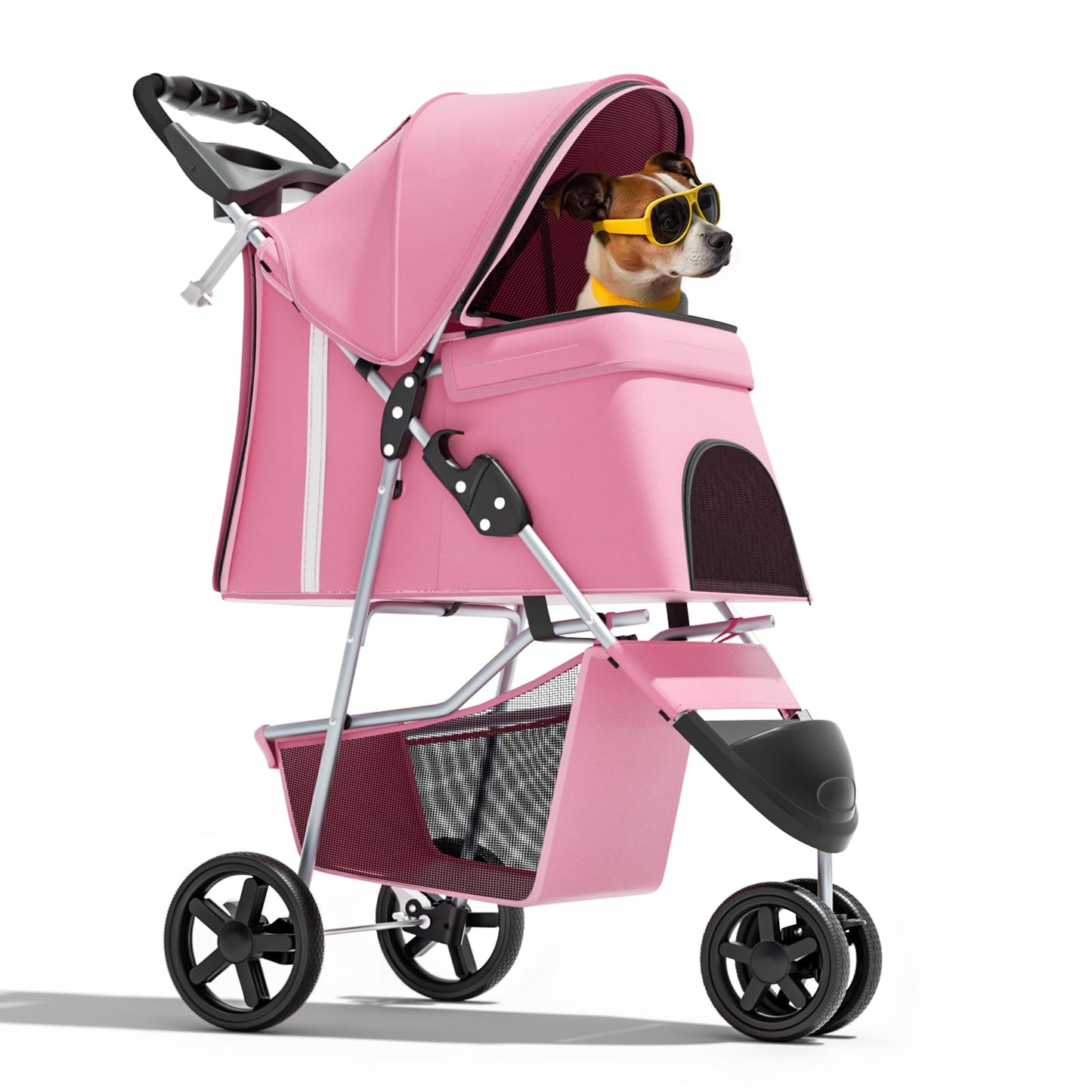 Magshion 3-Wheel Pet Stroller, Foldable Travel Jogger for Small & Medium Dogs & Cats (Up to 33lbs), Lightweight Carrier with Breathable Mesh Cover, Cup Holder & Storage Basket, Pink