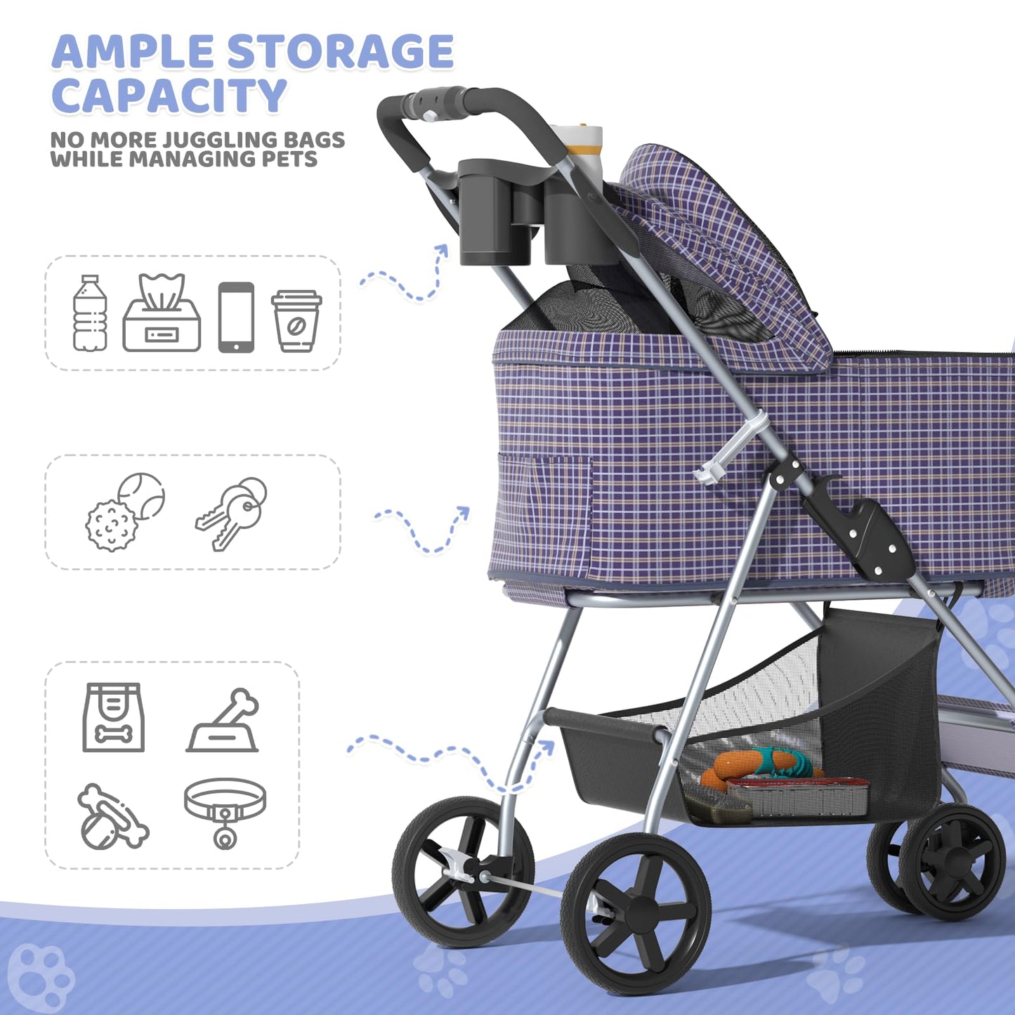 Magshion Foldable Pet Stroller, 3-in-1 Dog Travel Jogger with Detachable Carrier, Cup Holder, Storage Basket, Folding Carrier for Small/Medium Dogs & Cats Up to 33 lbs, Plaid