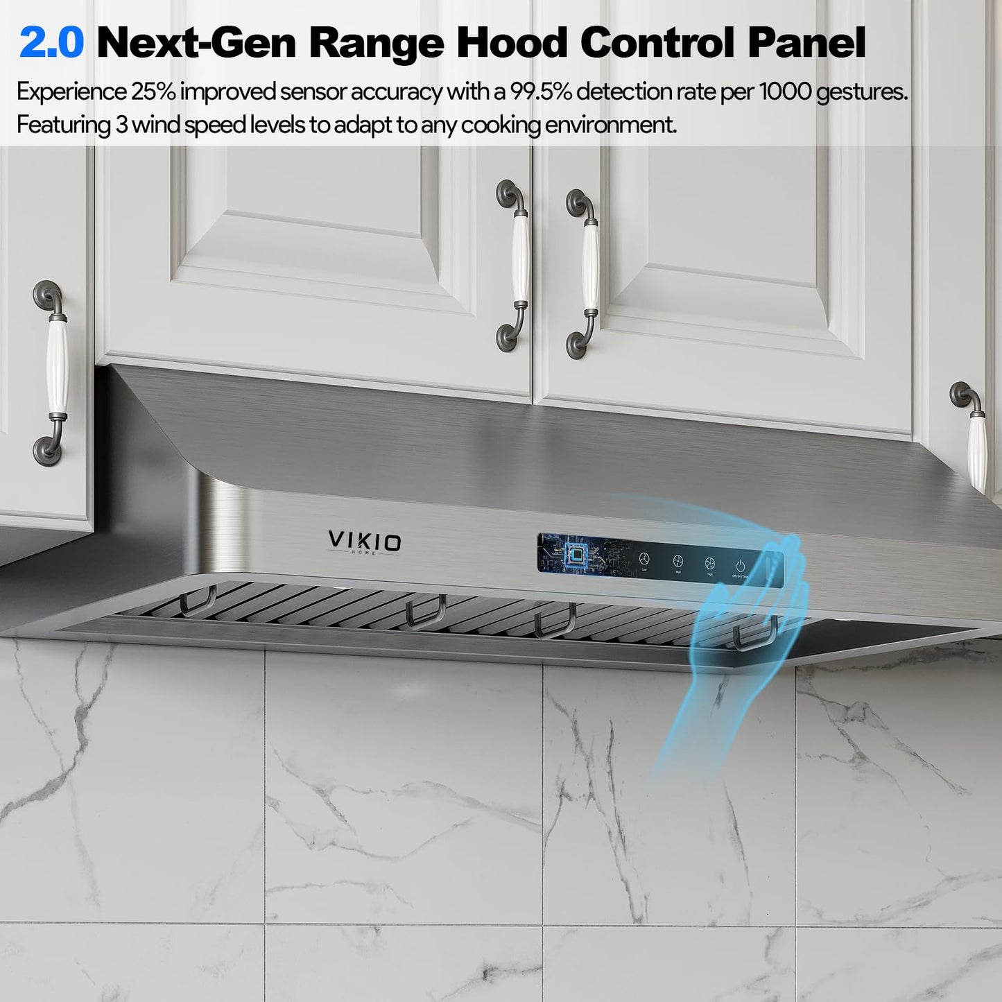 VIKIO HOME Range Hood 30 Inch Under Cabinet, Kitchen Hood with 980 CFM, 3-Speed Gesture Sensing & Touch Control Panel, Stainless Steel Vent 2 Pcs Baffle Filters with Handlebar