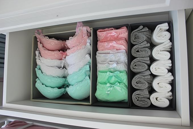 Sock Drawer Organizer 3 Pack - Foldable Fabric Storage Bins for Underwear Divider, Small Closet Organizers with 3 Compartments, Light Gray