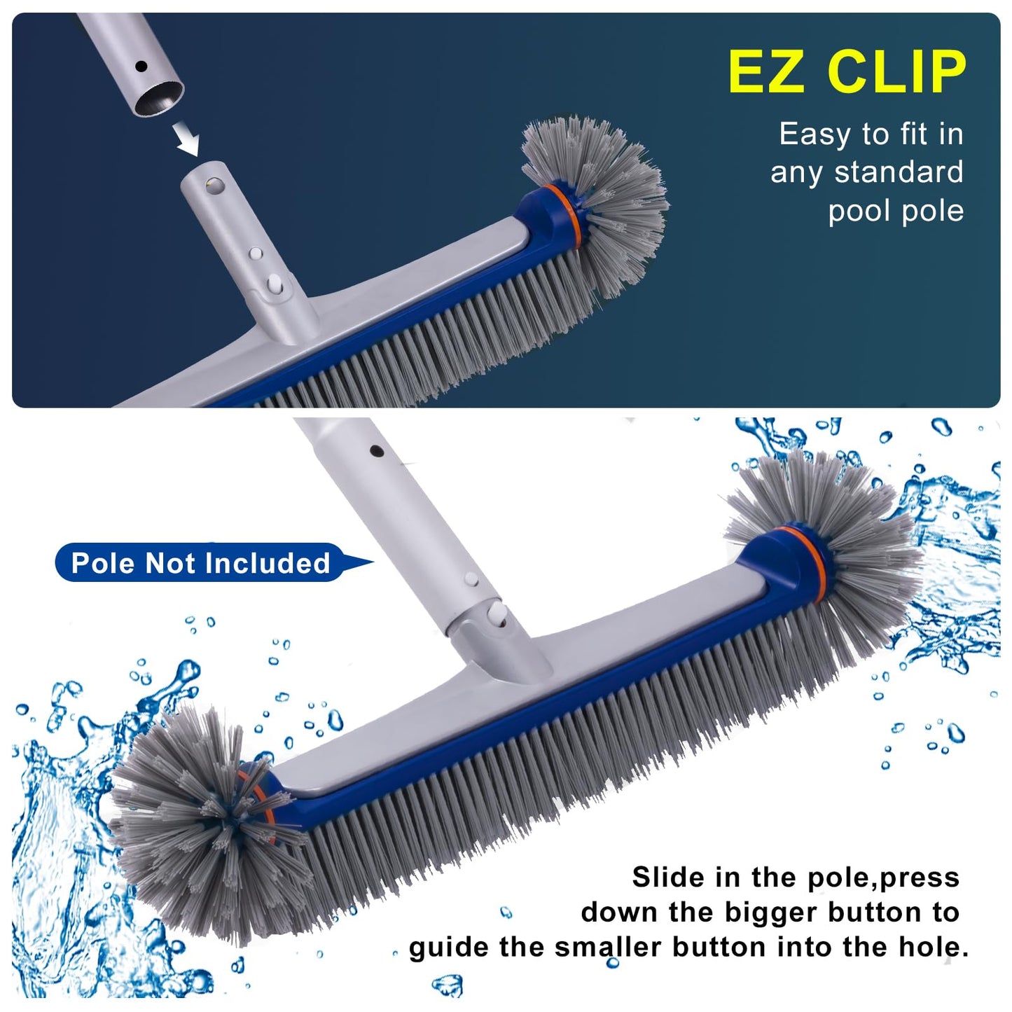 POOLAZA 360 Degree Pool Brush - Heavy Duty 17.5" Pool Brush Head for inground Pools/Above Ground Pools, Spa, Hot Tub, Premium Bristle & Aluminum Handle for Standard Pool Pole