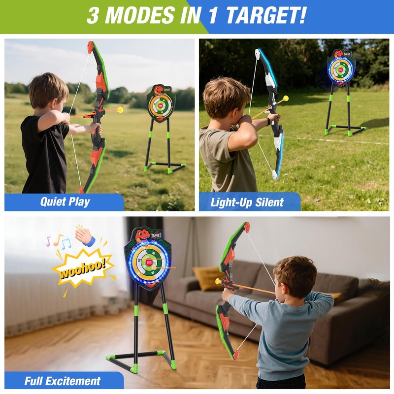 HYES 2 Pack Kids Bow and Arrow, LED Light Up Archery Set with 24 Suction Cup Arrows, Indoor Outdoor Sport Dinosaur Toys Gifts for 3 4 5 6 7 8 9 10 11 12 Year Old Boys Girls