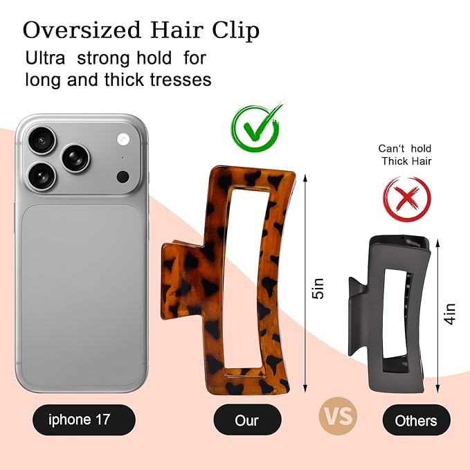 5 Inch XL Jumbo Claw Clips for Thick and Long Hair, 4-Pack Oversized Glossy Leopard Rectangle Hair Clips for Women, Strong Hold Non-Slip Jaw Clips, Dark & Light Leopard