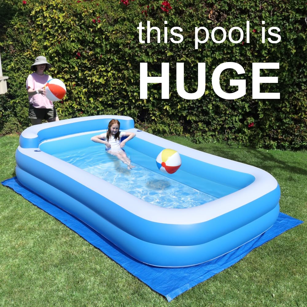 Inflatable Pool w/Bench Seat, 10ft x 6ft, Electric Pump & Ground Tarp Included - Fast Setup and Reinforced Seams