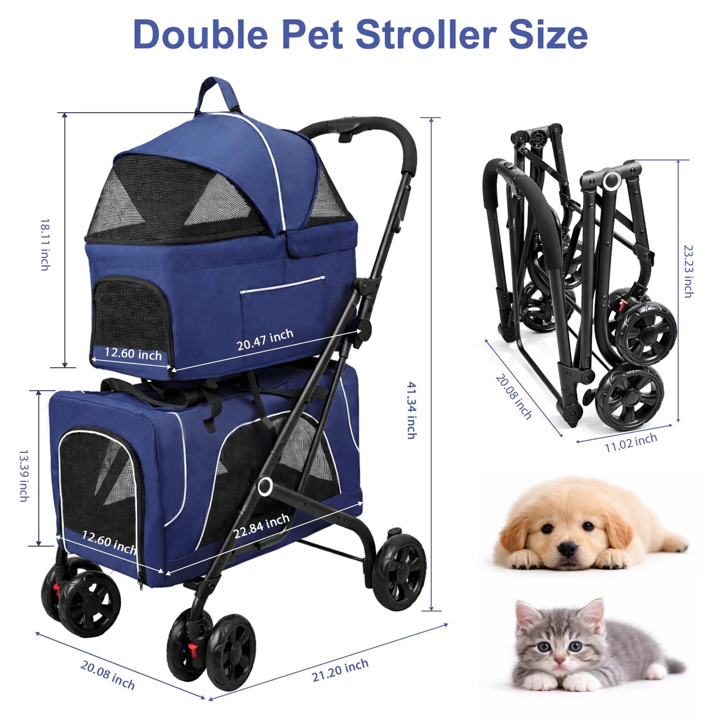 Petmolico Double Pet Stroller for 2 Cats/Dogs Strollers,2 Detachable Cat Carrier,No-Zip Double Pet Travel Storller for Small/Medium Dogs(Blue&Black)